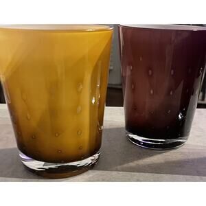 (1) Amethyst & (1) Amber White Cased Bullicante Drinking Glasses 4.5” high